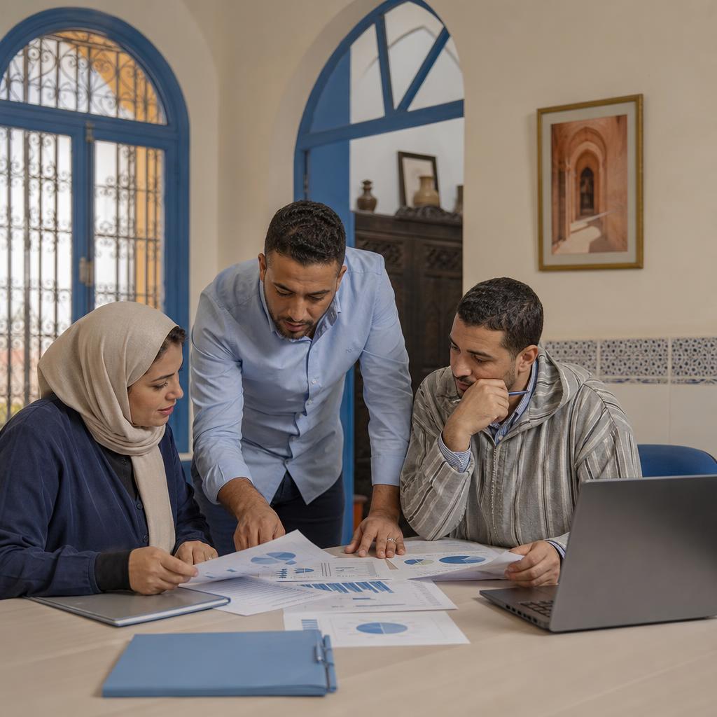 A microfinance team discussing printed financial charts around a table